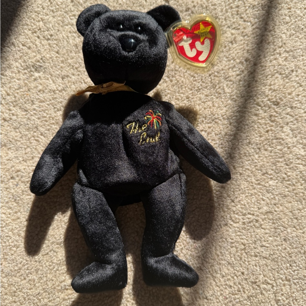 Ty Beanie Baby The End Black Bear Plush Gold Bow with Hang Tush Tags 1999